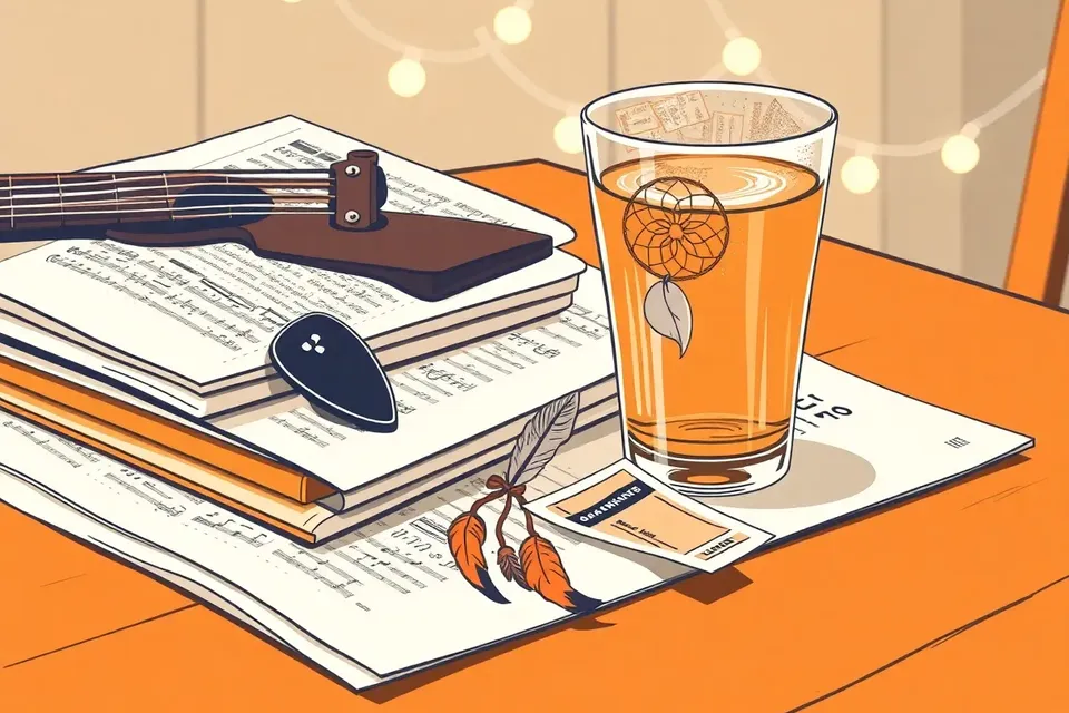 A still life arrangement on a wooden table: a guitar pick, music scores, a dreamcatcher, a glass of iced tea, and a ticket stub, with fairy lights softly blurred in the background.