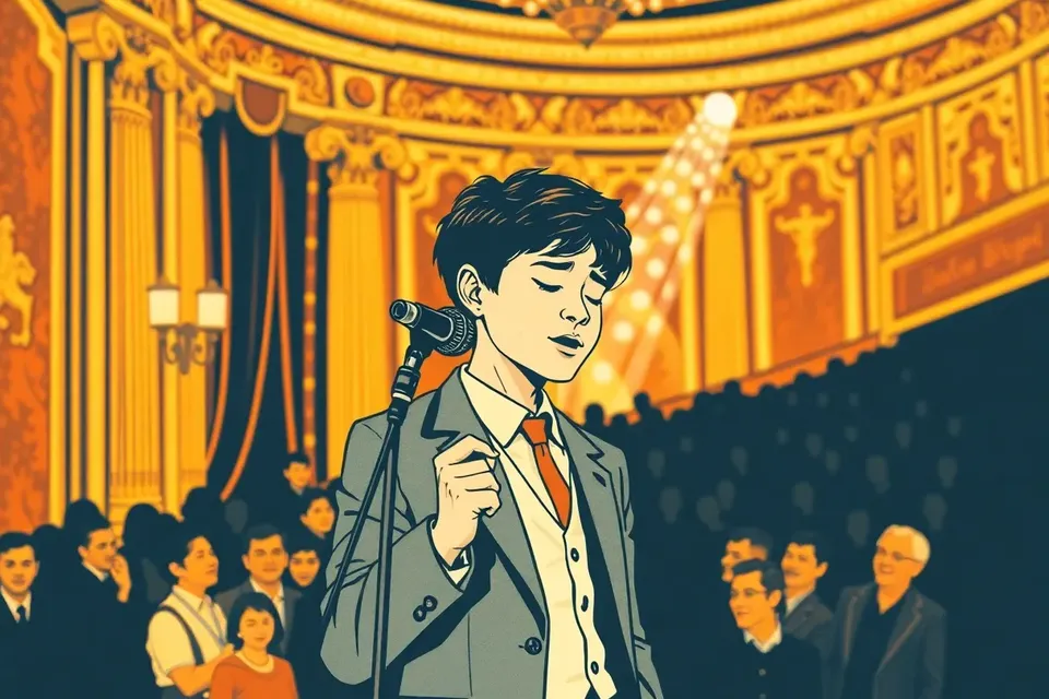 Illustration of a young Thai singer in a retro suit performing on a grand stage, with ornate golden pillars and red curtains in the background, under a single spotlight.