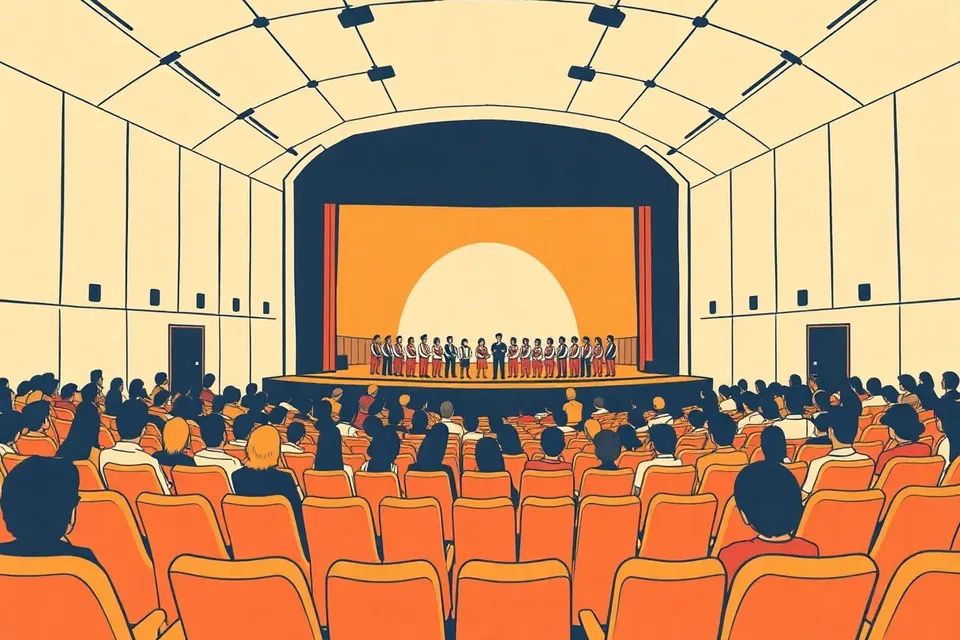 A wide view of a small auditorium with a choir on stage, illuminated by warm light, and a sparse audience seated in curved rows.