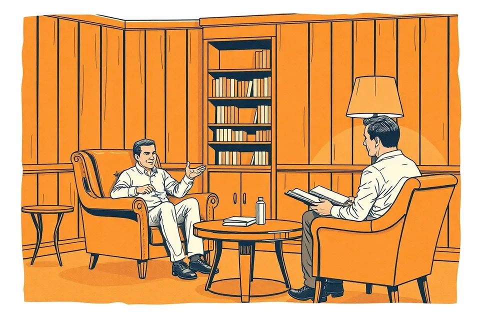 Two stylized figures in a dim, wood-paneled room, one gesturing while the other listens, with a lamp and bookshelf in the background.