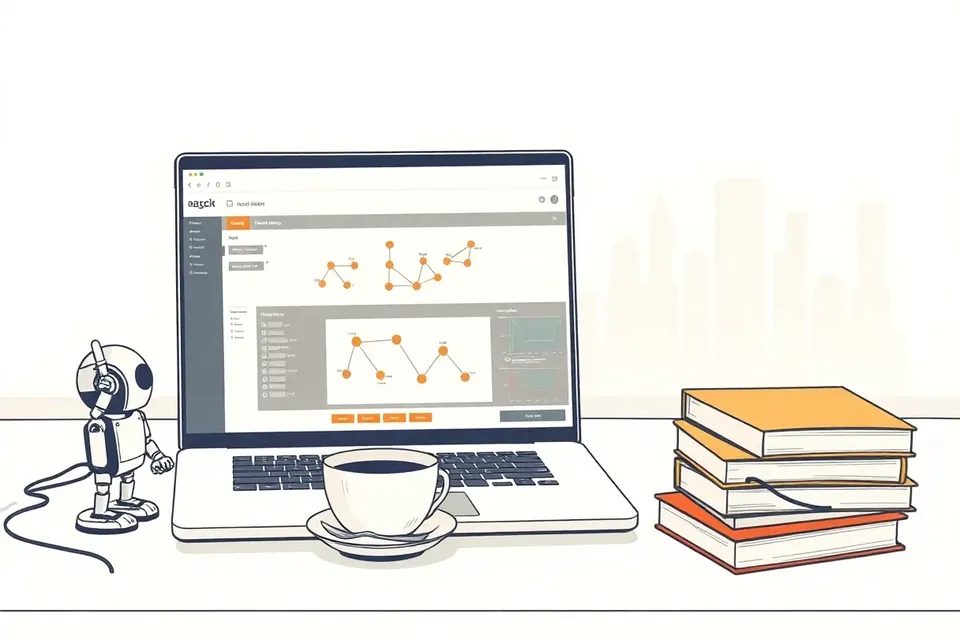 A still life illustration of a laptop displaying a node-based workflow, a small robot figurine, a coffee cup, and a stack of books on a desk, with a city skyline visible through a window.