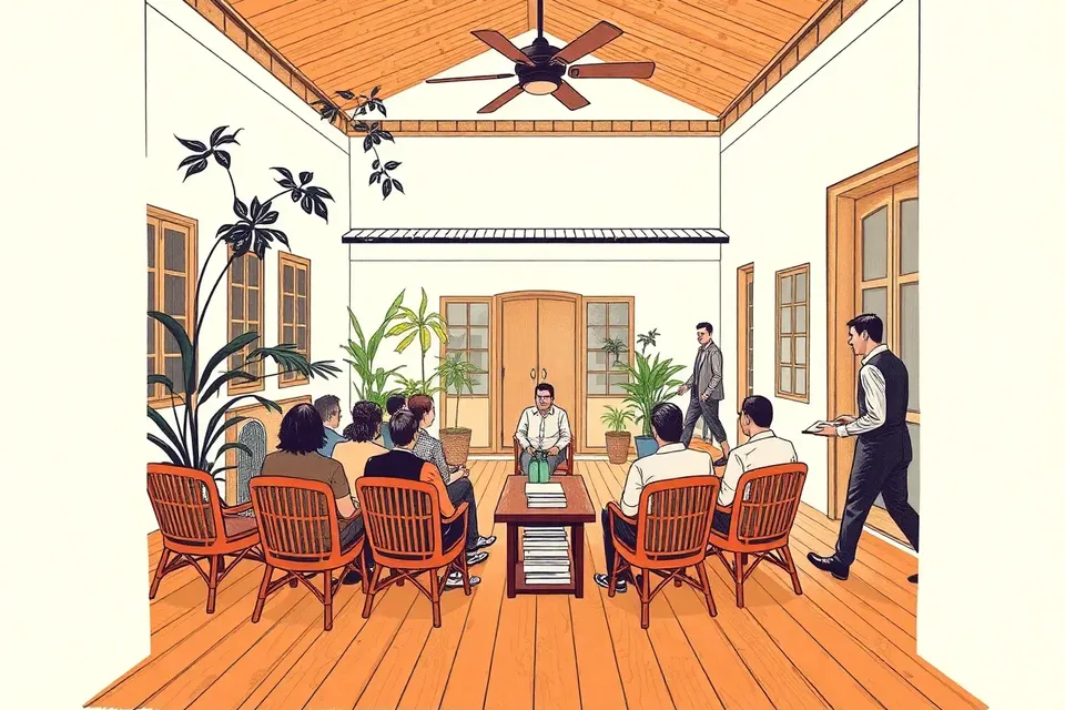 A sunlit colonial courtyard with a small seated audience facing a speaker at a table with books, surrounded by plants and a waiter with drinks.