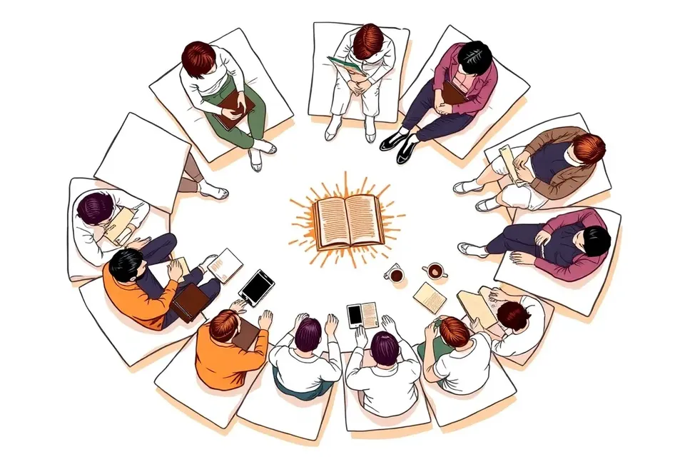 An overhead view of a circle of people sitting on cushions, engaged in conversation, with notebooks and coffee cups scattered around them, centered on an open book.