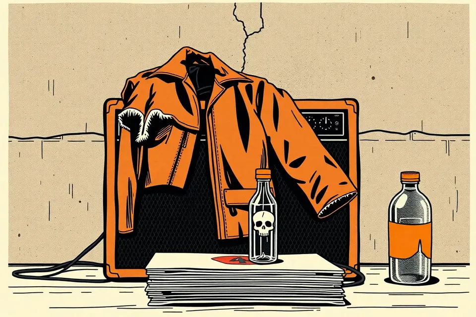 A still life arrangement on a dark stage: a leather jacket on an amplifier, vinyl records with a skull emblem, and a water bottle, set against a cracked concrete wall.