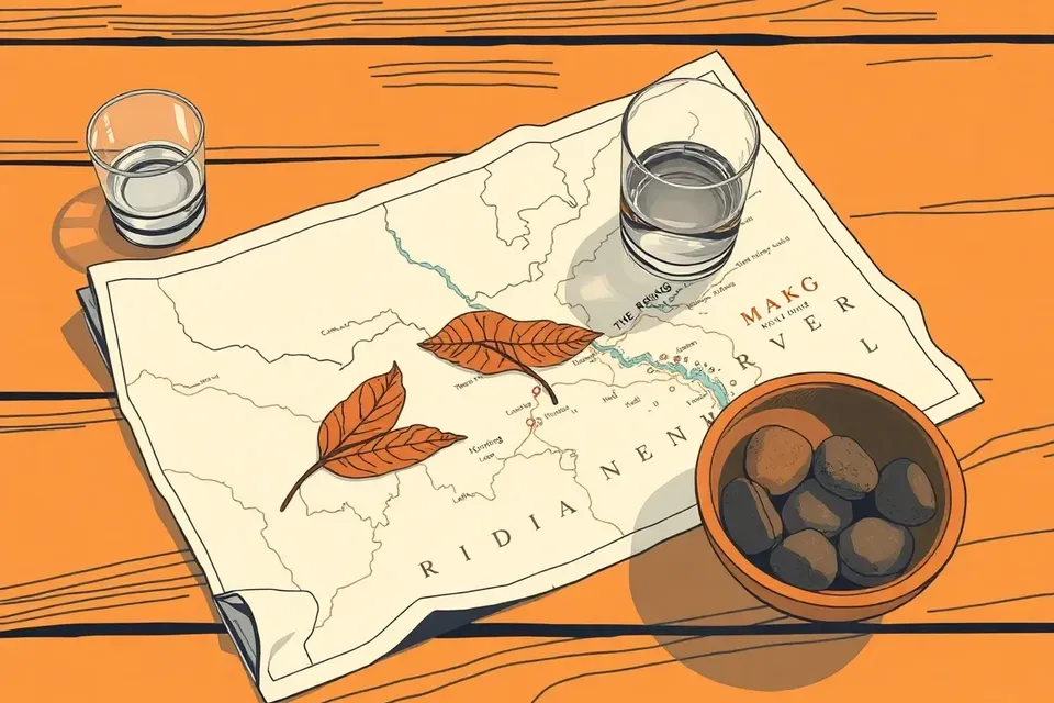 A still life arrangement on a wooden table: a creased map of the Mekong River, a glass of water, a dried leaf, and a bowl of river stones.