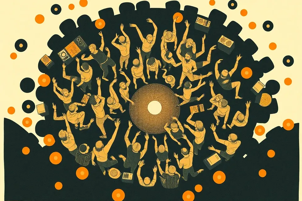 An overhead view of a crowd dancing in a circular formation, with abstract glowing shapes on the floor, conveying the energetic atmosphere of a drum and bass night.