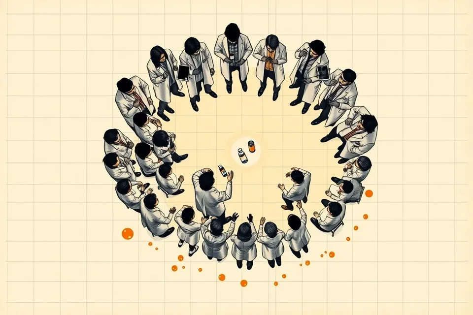 Overhead view of a circular dance floor with people in lab coats and casual clothes, some holding vials, around a central glowing vial, with tile grid and puddles.