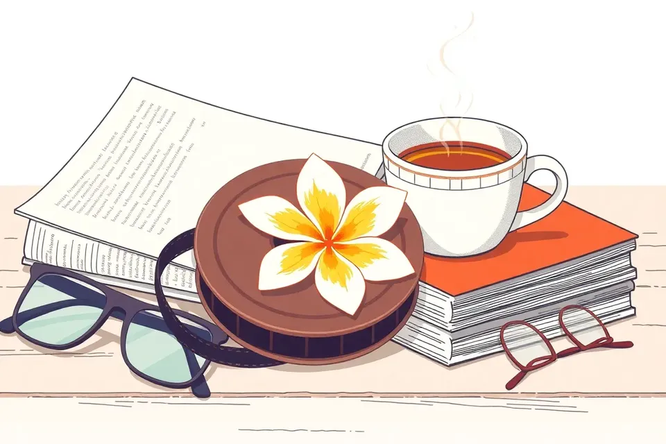 A still life arrangement with a vintage film reel, a stack of film journals, reading glasses, a steaming cup of tea, and a single jasmine flower, evoking a contemplative film forum atmosphere.