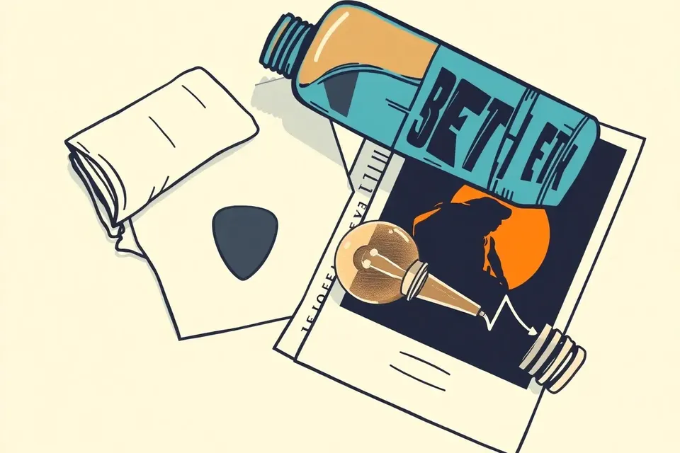 A still life arrangement with a guitar pick, concert flyers, a water bottle, a setlist, and an unplugged stage light bulb, evoking the anticipation of a music concert.