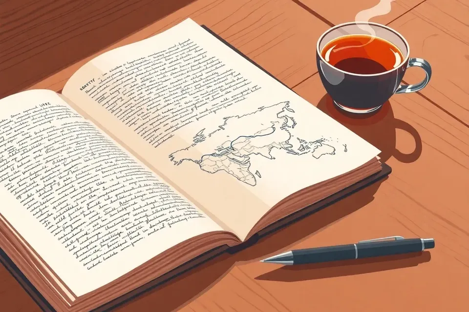 An open notebook with handwritten notes and a sketch map of Asia, a pen and a steaming cup of tea on a wooden table, suggesting a quiet, thoughtful workshop setting.