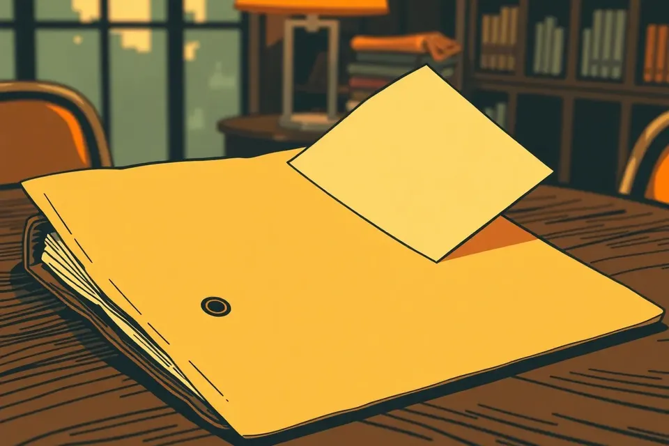 An open leather case file with a gold seal on a wooden table, a manila folder inside, warm lamp light in the background.