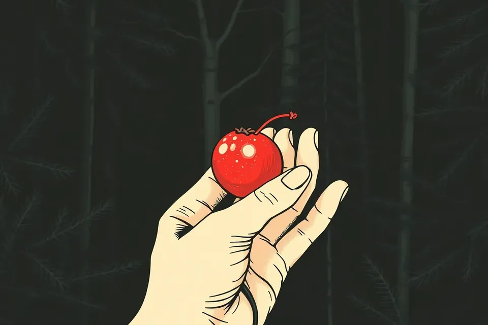 A close-up of a red berry held in a pale hand, set against a dark forest background, evoking a sense of horror and mystery.