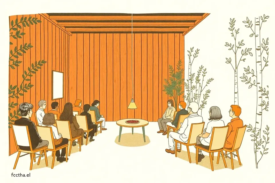 A dimly lit room with a small audience facing a speaker, a bowl of red berries on a table, and shadowy forest shapes on the walls.