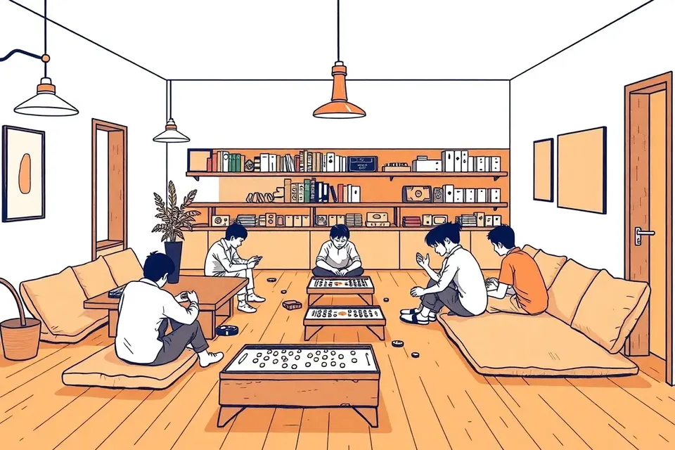 A wide view of a cozy clubhouse interior with people playing board games at low tables, surrounded by warm lighting and shelves of game boxes.