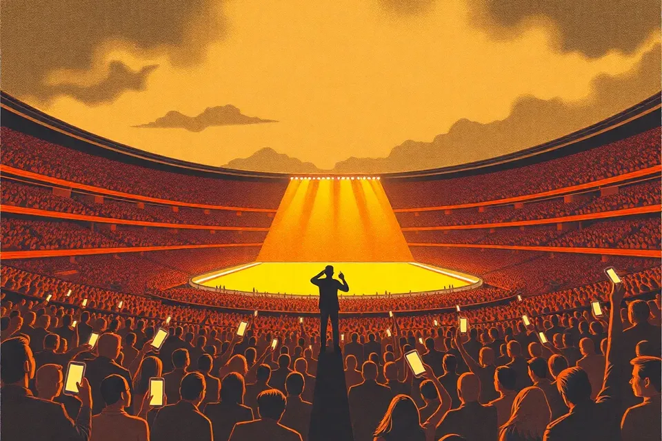A wide view of a large stadium at night, filled with a crowd of small figures, with a distant stage and a single performer, and many tiny glowing lights from phones held up by the audience.