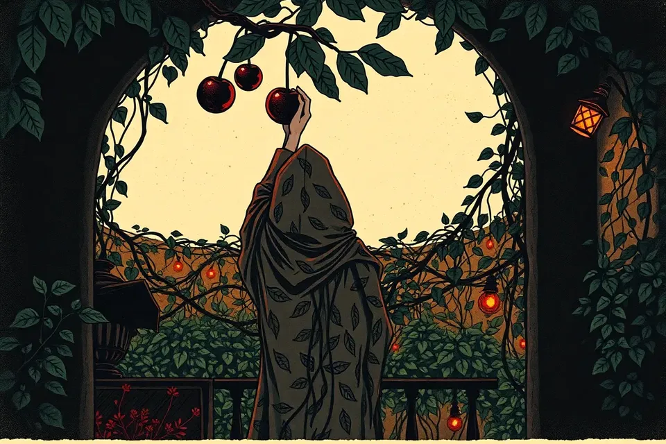 A stylized illustration of a person in a leafy cloak reaching for a dark cherry in a shadowy, overgrown indoor garden, with faint lights glowing in the background.