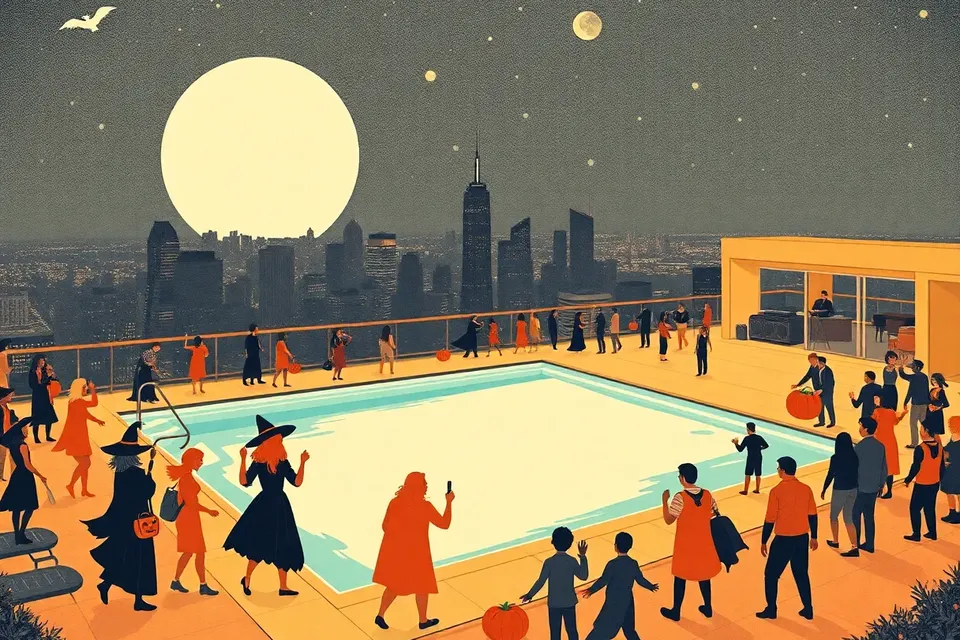 A wide view of a rooftop pool party at night, with costumed people dancing around a lit pool, city skyline in the background, and a DJ booth at the edge.