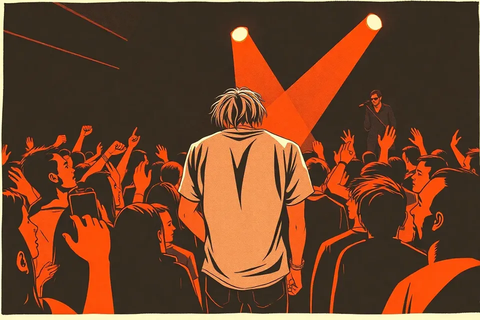 A stylized illustration of a person in a dark, crowded livehouse, head down, fists clenched, surrounded by anonymous silhouettes, with a red glow from the stage.