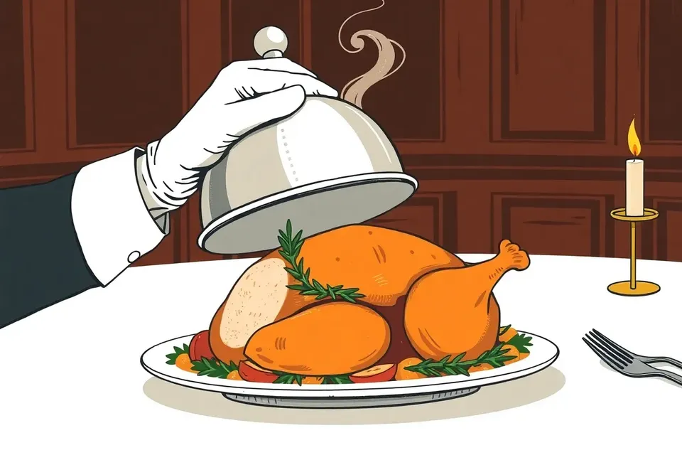 A close-up of a hand removing a silver cloche from a roast turkey on a white plate, with steam rising, set against a blurred dark wood club interior with a candle.