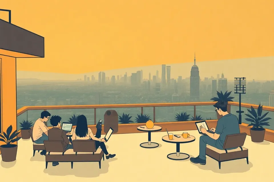 A rooftop bar at dusk with small groups of people collaborating over laptops, the city skyline in the background, warm amber lighting.