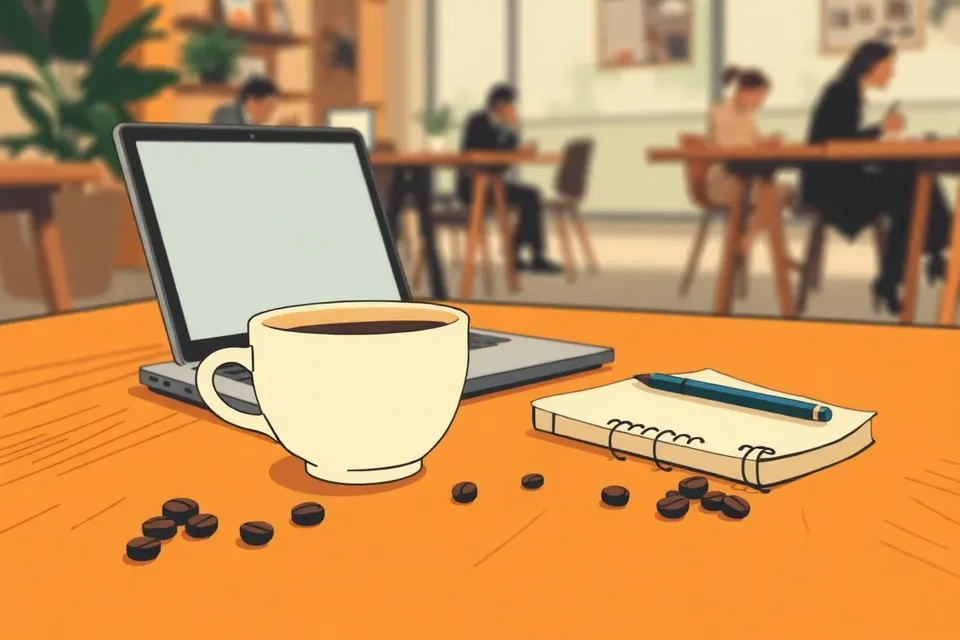 A close-up of a coffee cup on a wooden table, with a notebook and pen beside it, and a blurred background of a cozy cafe.