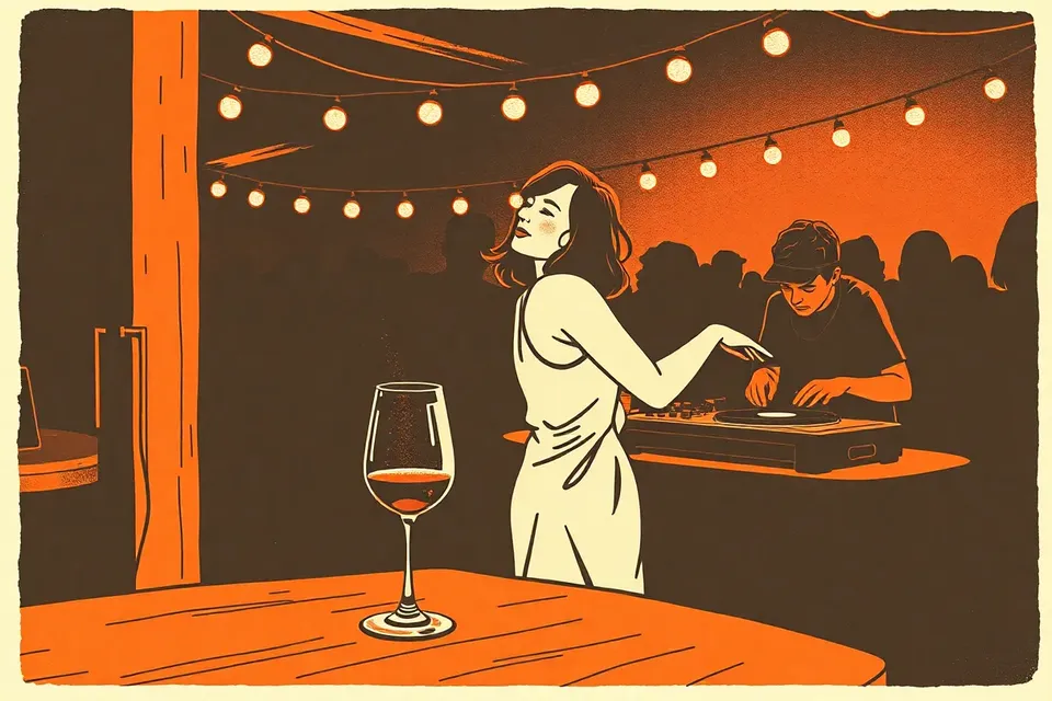 A stylized illustration of a person dancing with eyes closed in a dimly lit café, a DJ in the background, string lights and a wine glass on a table, evoking an intimate electronic music night.