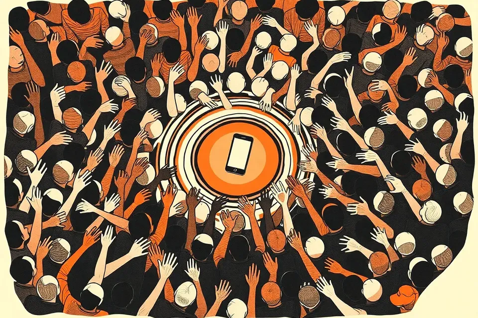Overhead view of a crowd in a dark underground venue, with people's raised hands creating a circular pattern around a central glowing phone screen.