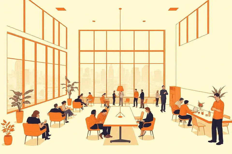 A wide view of a modern clubhouse interior with people mingling in small groups, large windows revealing a city skyline, and a relaxed, social atmosphere.