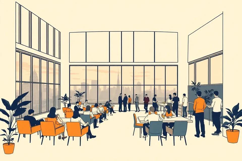 A wide view of a modern clubhouse interior at dusk, with people mingling in small groups, large windows revealing the city skyline, and a relaxed, social atmosphere.