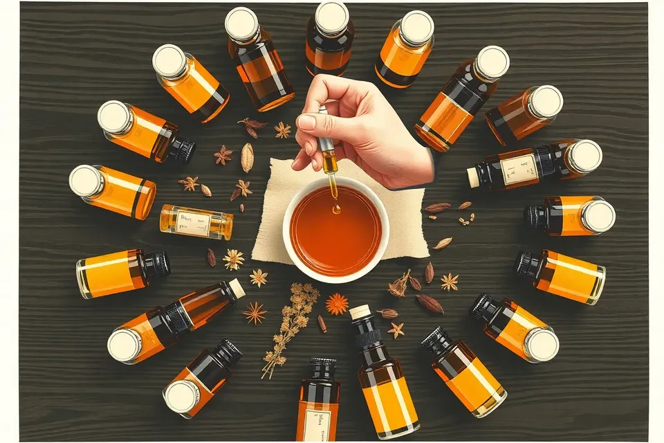 An overhead view of a perfume-making workshop with glass vials and amber bottles arranged in a circle on a dark wooden table, a hand with a dropper over a mixing dish, and scattered botanicals.