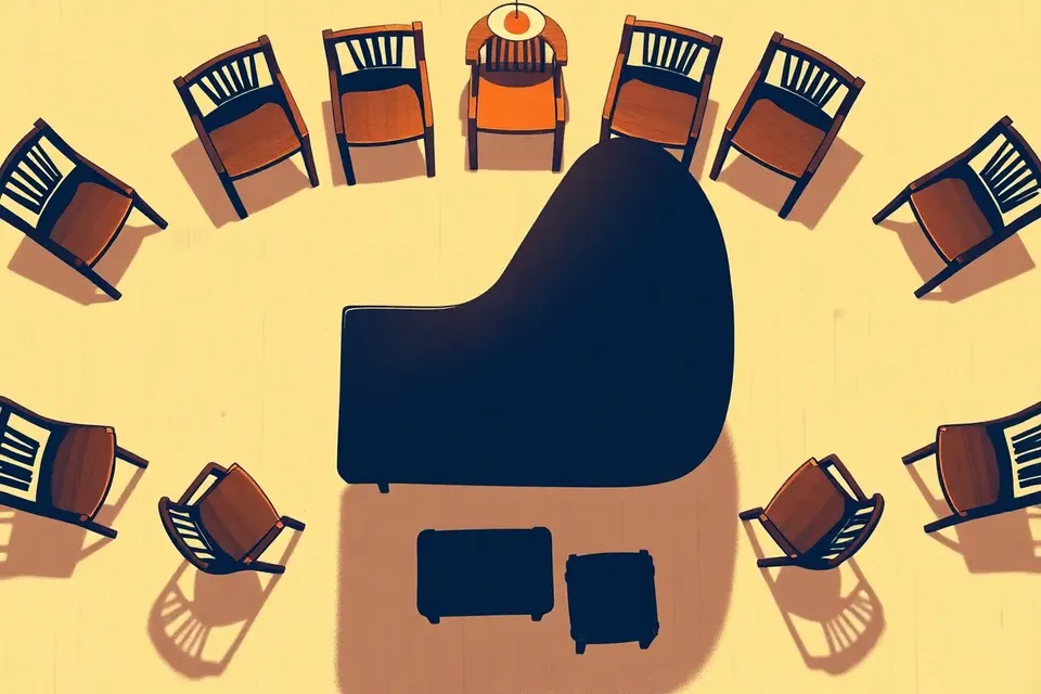 An overhead view of a grand piano surrounded by a semicircle of empty chairs in an intimate concert hall, with warm lighting and reflective wooden floor.