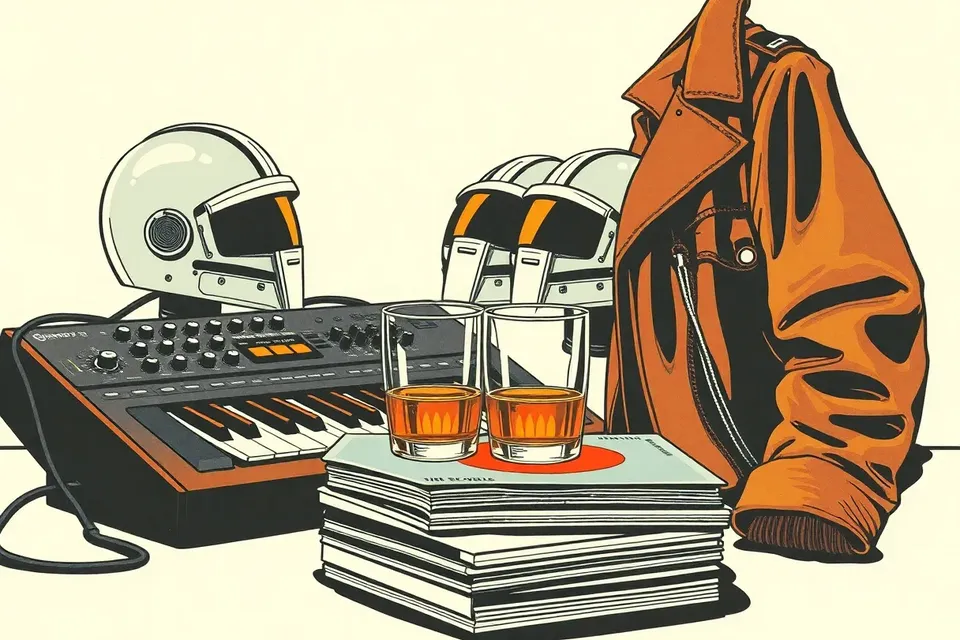 A still life arrangement with a leather jacket on a synthesizer, two robot helmets, a whiskey glass, and vinyl records with a sun motif, lit by a single spotlight.