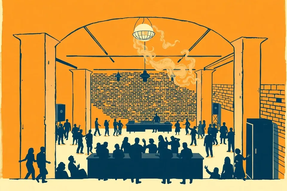 A wide view of a dark, underground club with two dancefloors, small silhouetted figures dancing, a DJ at a booth, concrete pillars, and a haze of smoke.