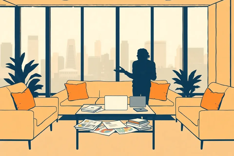 Two people in a modern office lounge discussing design sketches over a laptop, with a city view through large windows.