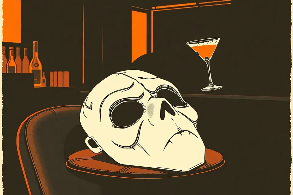 A cracked Halloween mask on a bar stool, with a hand reaching for a glowing cocktail in a dark, atmospheric venue.