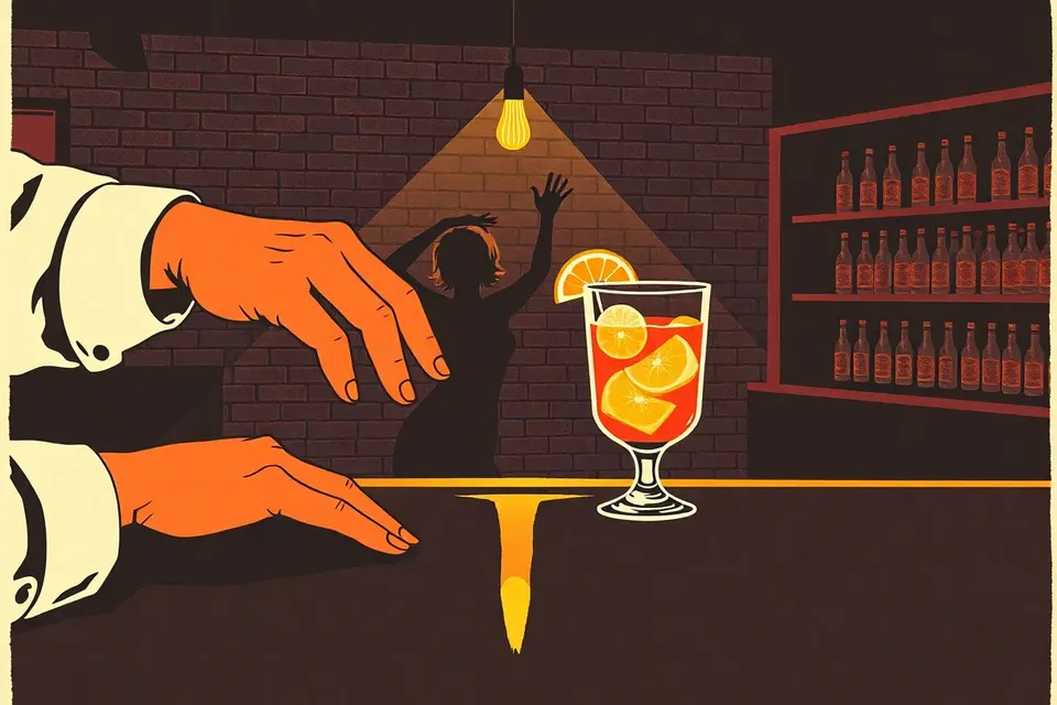 A bartender's hand offering a glowing pink cocktail on a dark bar, with a dancer's silhouette in the background under a hanging light.