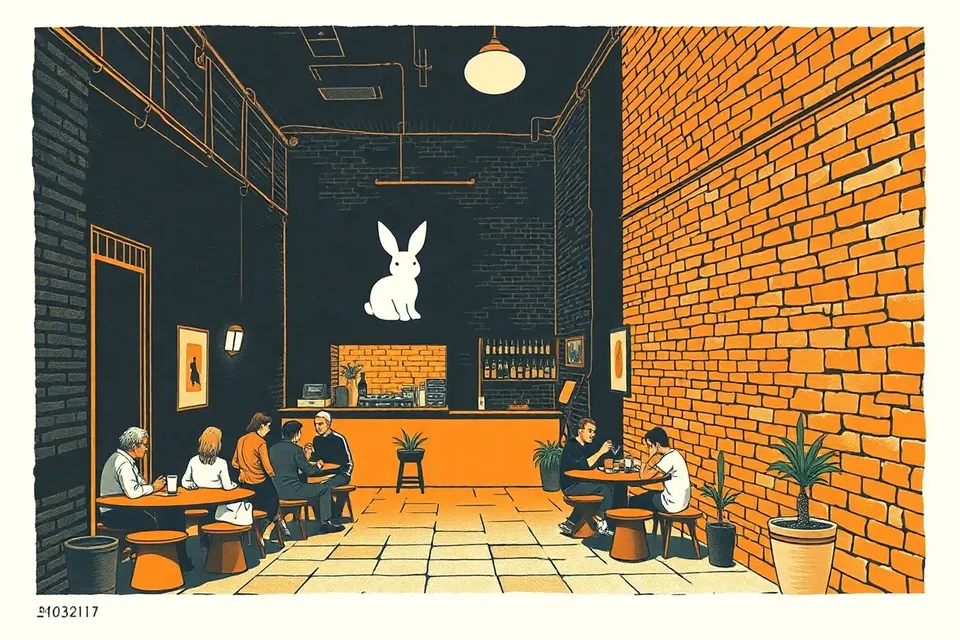A moody, dimly lit hidden bar in a Bangkok alley, with a glowing rabbit sign, small groups of people mingling, and a DJ setting up on a small stage.