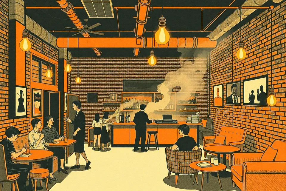 A moody, industrial bar scene with exposed brick, Edison bulbs, and a haze of smoke. Small figures mingle and dance near a DJ booth, with vintage sofas and a central bar in the background.