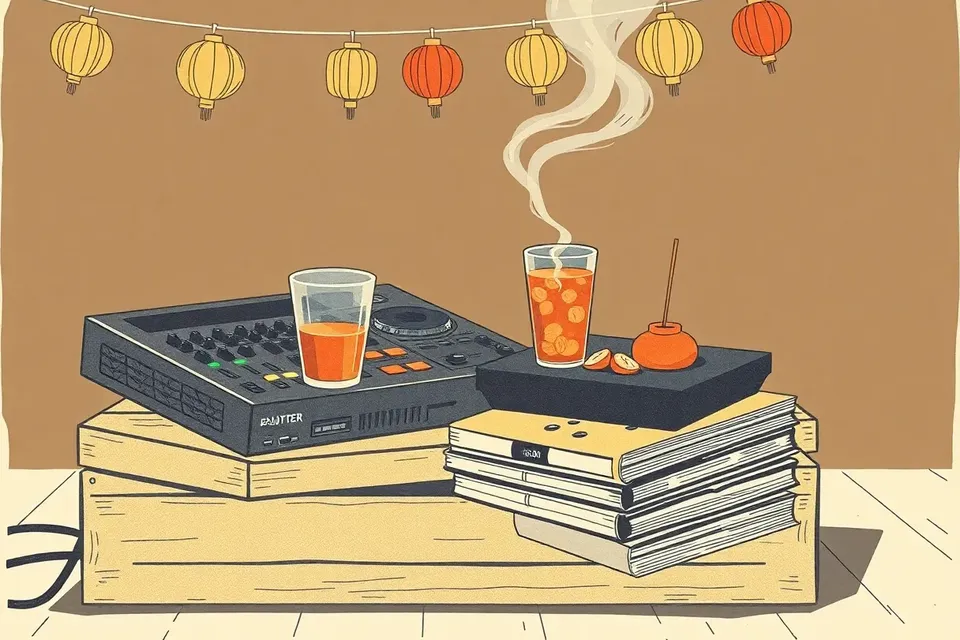 A still life arrangement with a DJ mixer on a wooden crate, a sweating glass of iced tea on vinyl records, and a burning incense stick under paper lanterns, evoking a relaxed nightlife event.