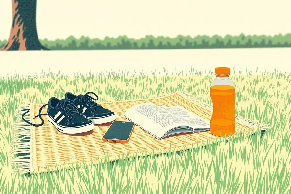 A still life arrangement on a park mat with sneakers, a closed book, a smartphone, and a water bottle, set against a softly blurred background of trees.