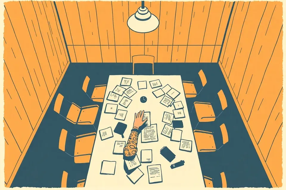 An overhead view of a table with documents, a recorder, and a pen, under a single lamp, with chairs around it in a dark room.