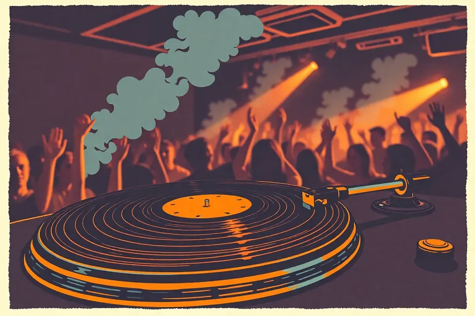 Close-up of a vinyl record on a turntable in a dimly lit club, with blurred silhouettes of a crowd raising their hands in the background.