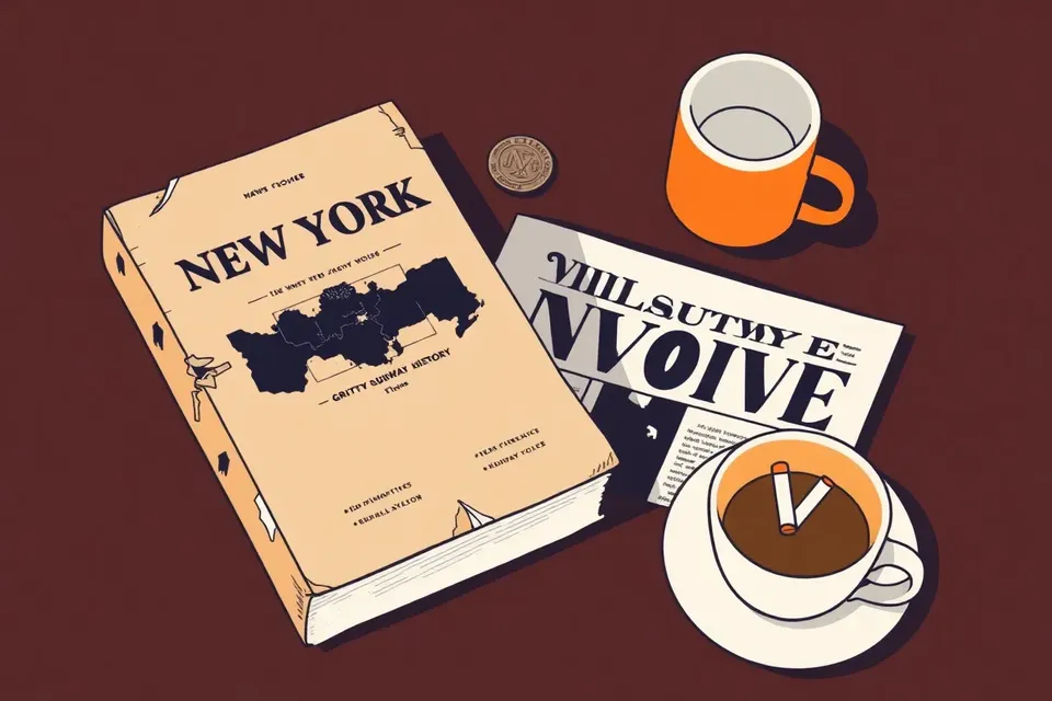 A still life arrangement on a dark wooden table: a worn paperback book, a vintage subway token, a crumpled newspaper, and a coffee cup with a cigarette butt, evoking a gritty 1970s New York atmosphere.