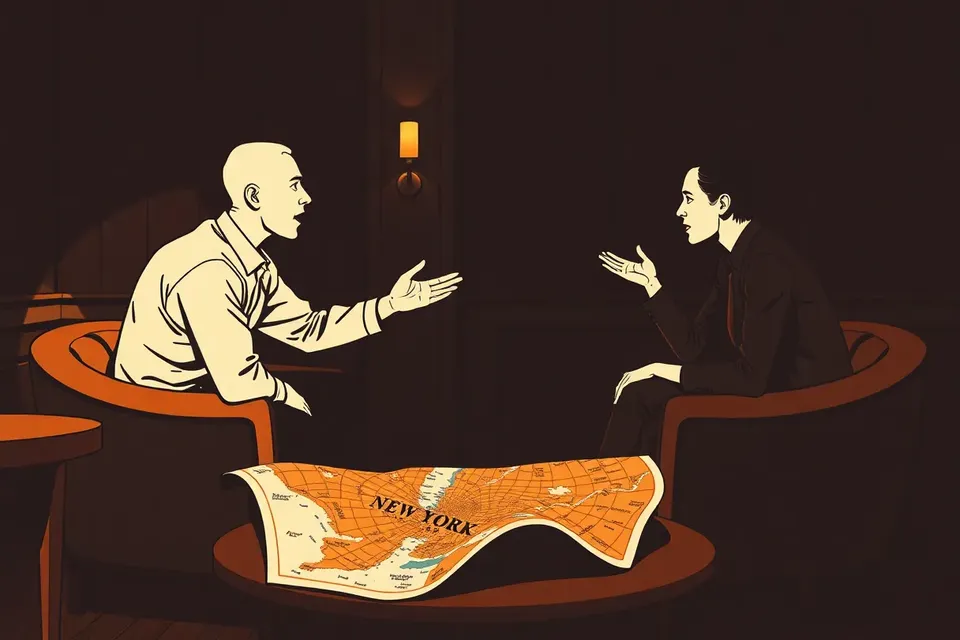 Two people in a cozy, wood-paneled room discuss a vintage map of New York City on a table, with warm lighting and a contemplative mood.
