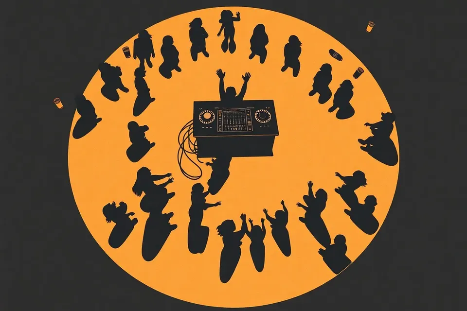 An overhead view of a crowded dance floor with two circular zones of people moving, a central DJ booth, and scattered objects at the edges, all in a dark, moody palette.