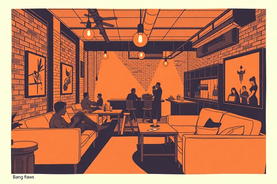 A moody, dimly lit bar with exposed brick walls, vintage furniture, and a few patrons relaxing with drinks, a DJ booth glowing in the background.