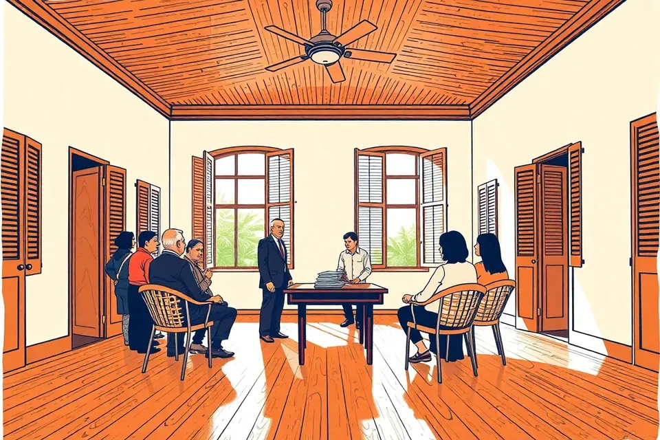 A wide view of a spacious, old-fashioned room with wooden floors and tall windows, where a small group of people gather around a table with papers, some seated on woven chairs, under a ceiling fan.
