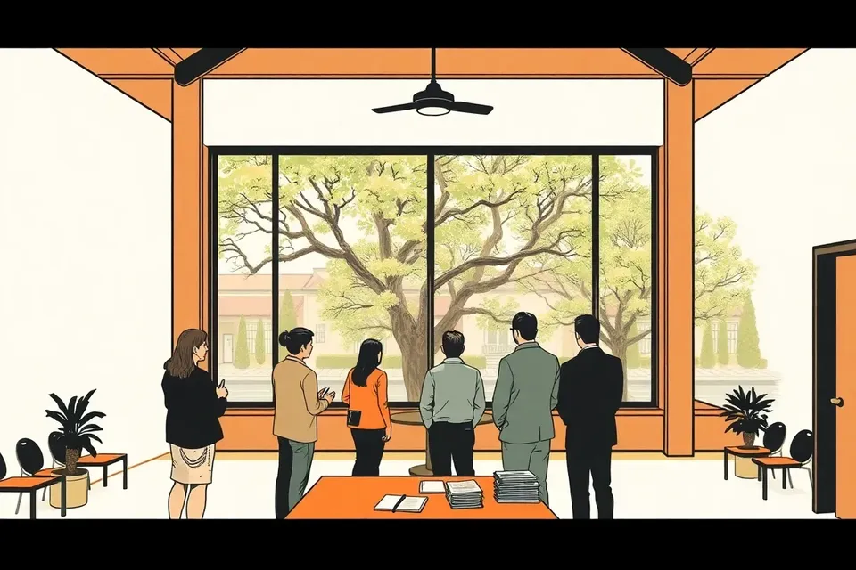 A wide view of a bright, airy room with tall windows showing trees, where a small group of people stand around a table with papers, engaged in a serious conversation.