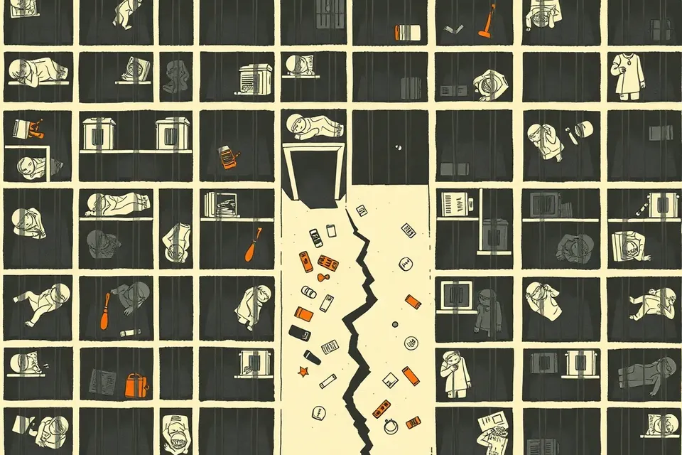 An overhead illustration of a prison grid with one cell door open and a trail of objects leading to a crack in the floor, suggesting an escape.