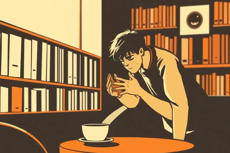 An illustration of a person in a dimly lit room, gesturing while speaking, with books and a coffee cup in the background.